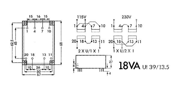 Transformateur bas profil 18va 2 x 9v / 2 x 1.000a