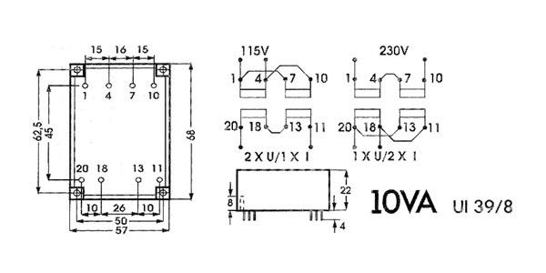 Transformateur bas profil 10va 2 x 15v / 2 x 0.333a