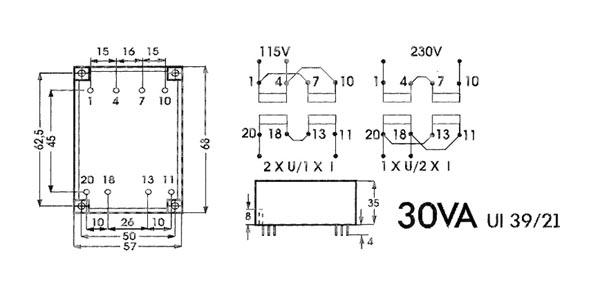 Transformateur bas profil 30va 2 x 24v / 2 x 0.625a