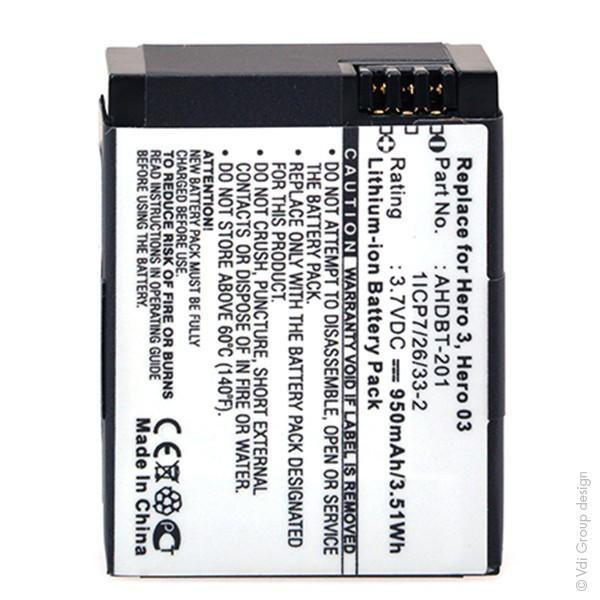 Batterie lithium-ion pour camera gopro 3.7v 950ma 36,77mm (l) x 28,81mm (l) x 13,2mm (h)