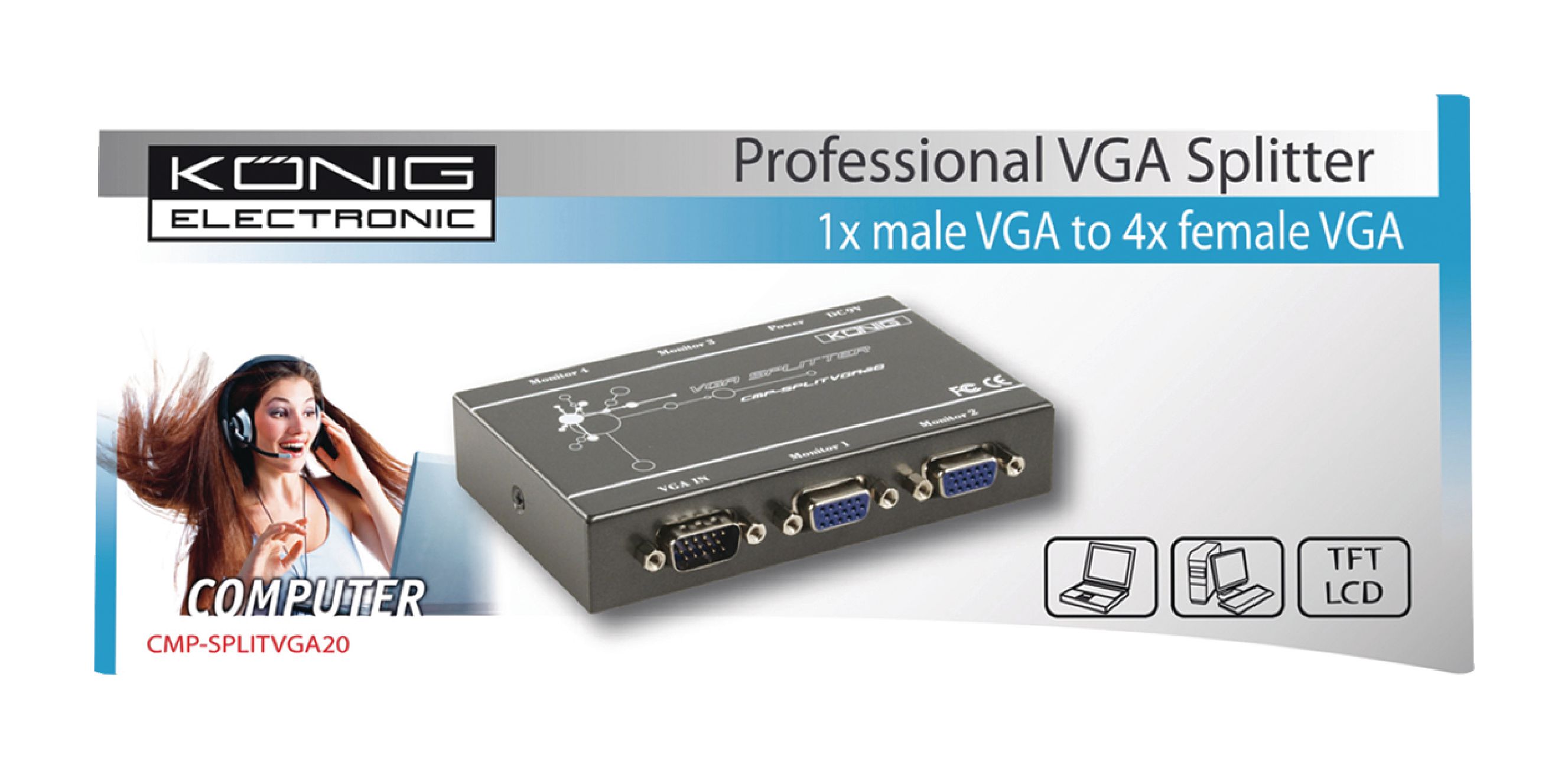 Repartiteur vga professionnel 4 ports könig permet de visualiser une entrée sur 4 x écrans simultanément