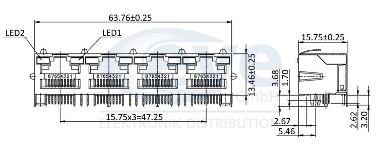 Fiche modular rj45(8p /8c) femelle chassis quadruple blinde pour ci (rj45) coude 90°