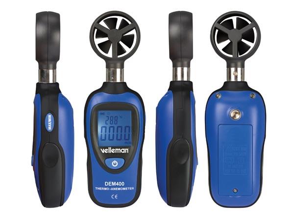 Mini thermomètre/anémomètre numérique , mesures de la vitesse du vent: en m/s, ft/min, mph, km/h et noeuds.
