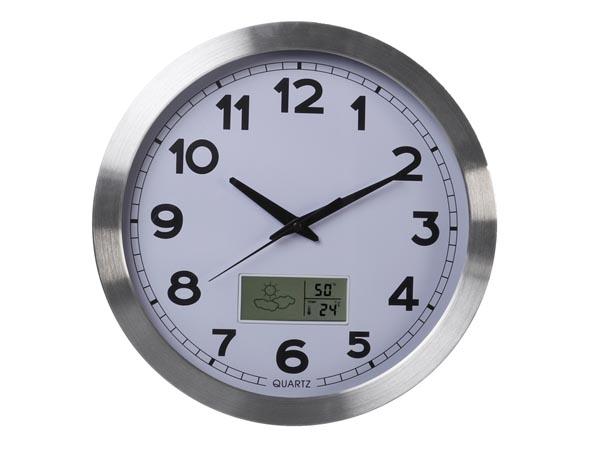 Horloge murale avec écran lcd - thermomètre, hygromètre et prévisions météo - aluminium - Ø 35 cm