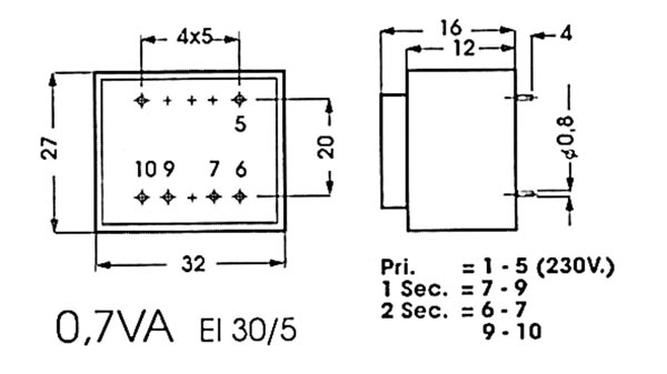 Transformateur moule  0.7va 1 x 15v / 1 x 0.046a