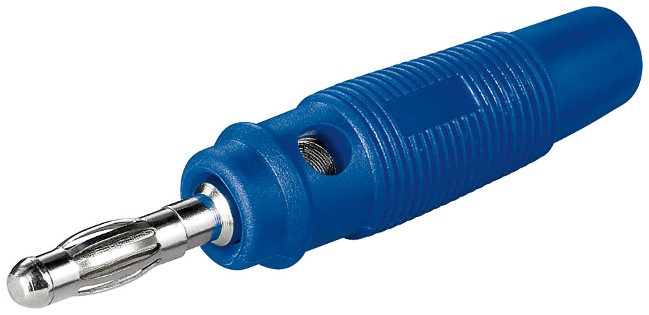 Fiche banane mâle 4.0mm  - cat1  60vdc 36a - avec reprise transversale -  a visser pour cable 1.5mm2 - bleue -