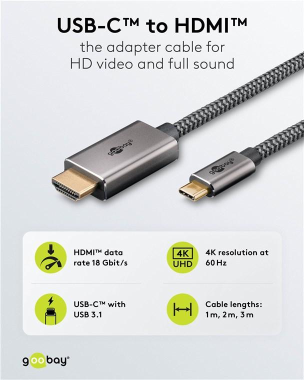 Cable usb-c 3.2 vers hdmi 4k@60hz / 3.00m /  plaqué or / métal + textile renforcé