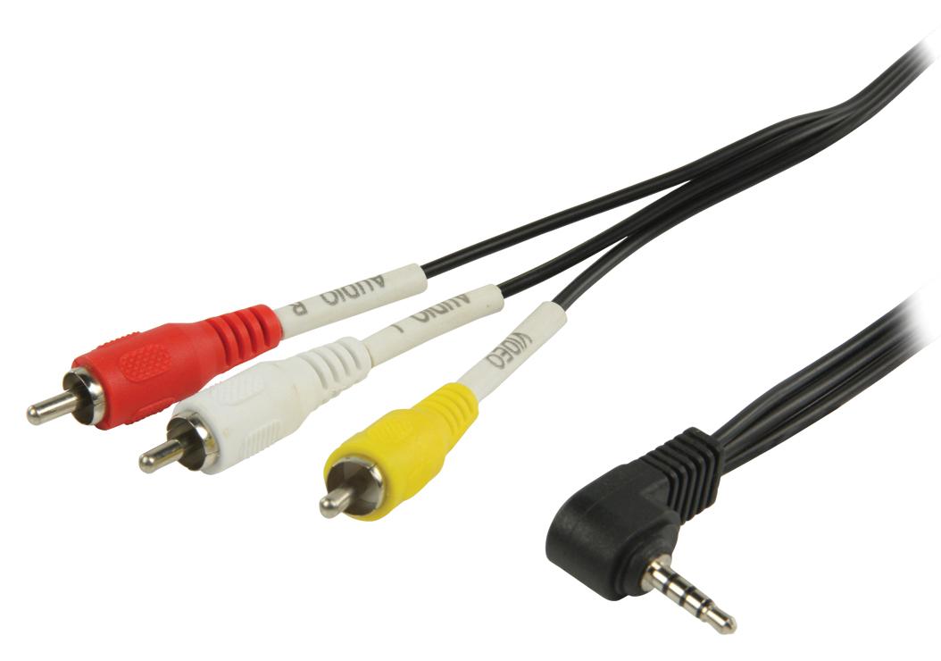 Cordon audio-vidéo jack mâle 3.5mm 4 poles coudé / 3 x rca mâle l=1.00m