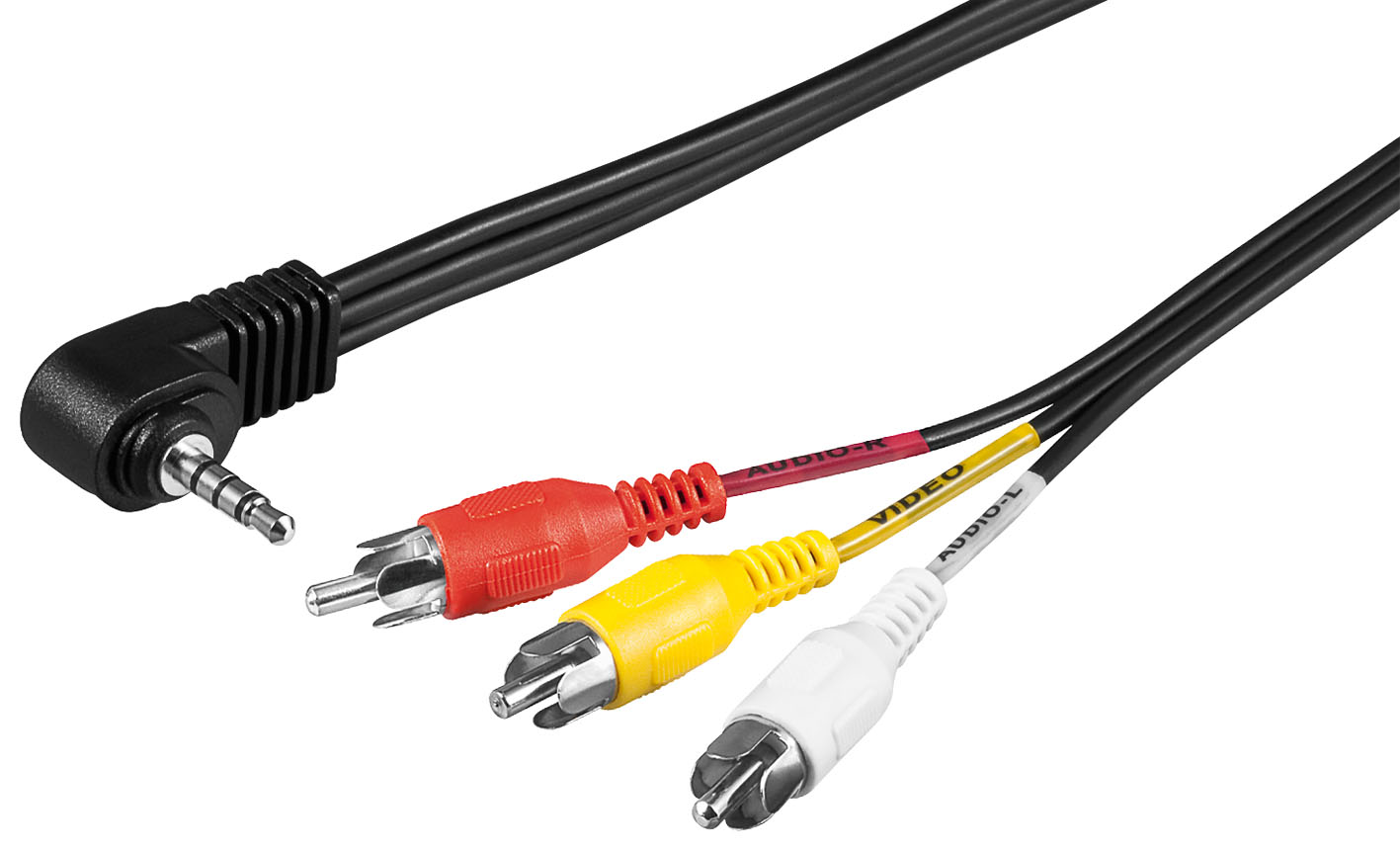 Cordon audio-vidéo jack mâle 3.5mm 4 poles coudé / 3 x rca mâle l=1.00m