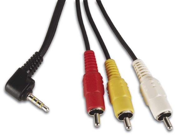 Cordon audio-vidéo jack mâle 3.5mm 4 poles coudé / 3 x rca mâle l=1.00m
