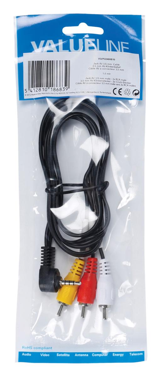 Cordon audio-vidéo jack mâle 3.5mm 4 poles coudé / 3 x rca mâle l=1.00m