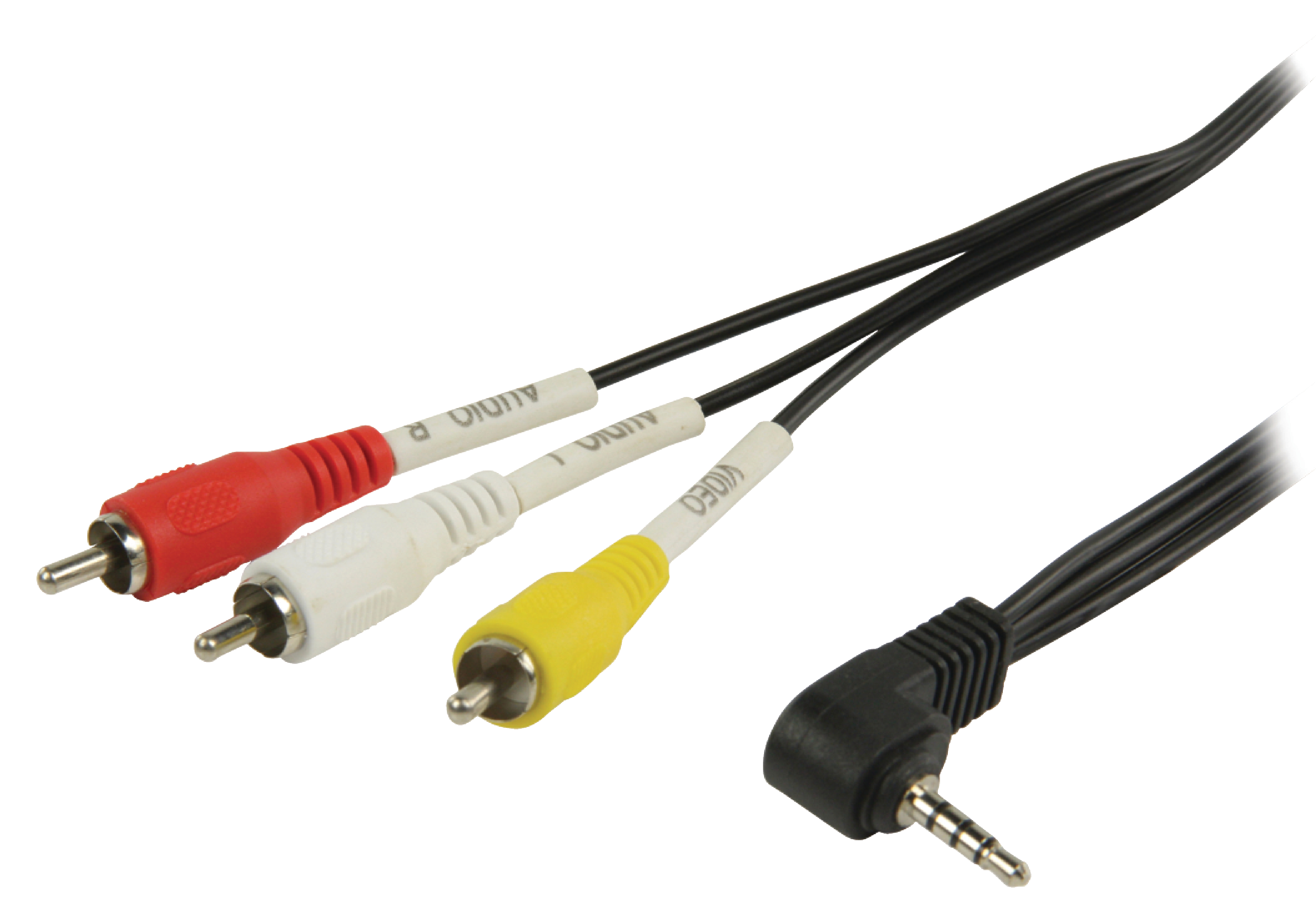 Cordon audio-vidéo jack mâle 3.5mm 4 poles coudé / 3 x rca mâle l=1.00m