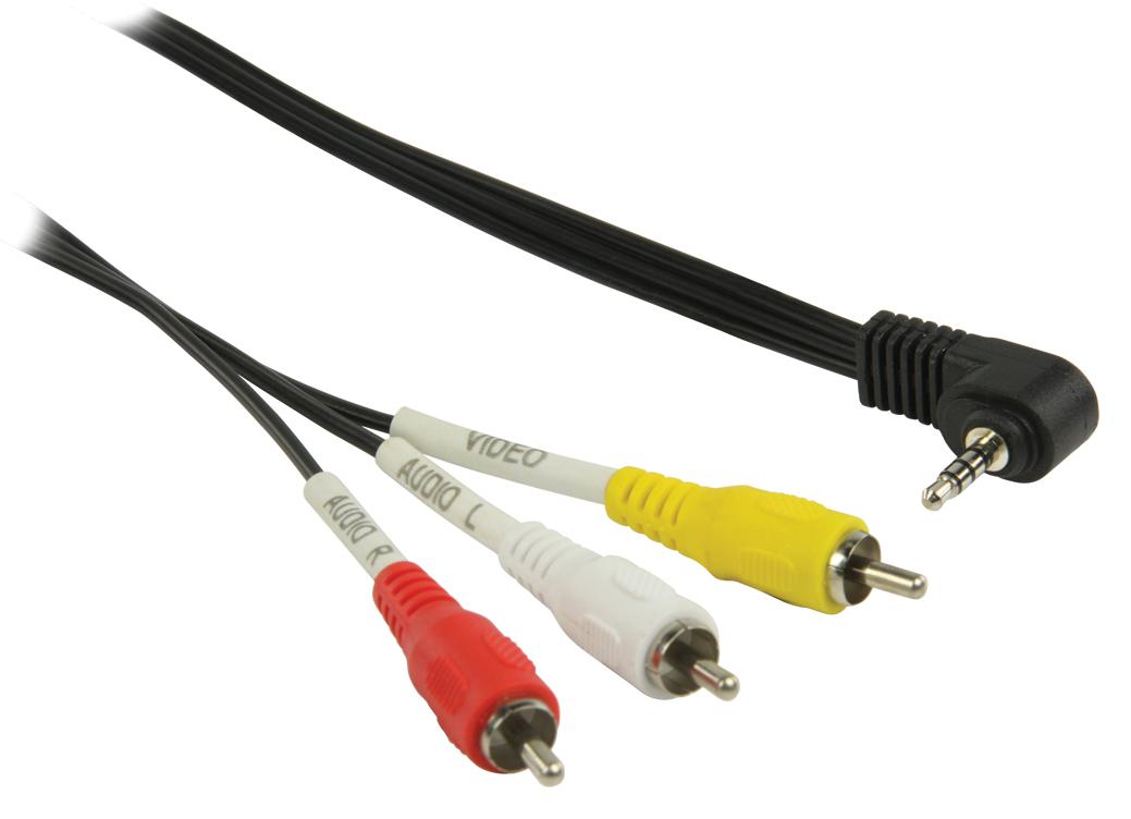 Cordon audio-vidéo jack mâle 3.5mm 4 poles coudé / 3 x rca mâle l=1.00m