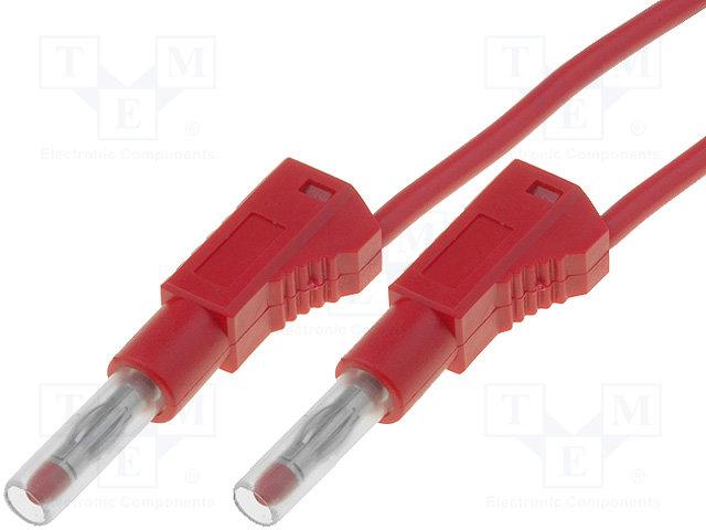 E44-Cordon de mesure fiche banane male/male avec reprise 2mm l=50cm - cat1  60vdc 3a - rouge - à 1,90 €