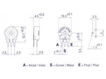 Ajustable piher 10k (serie s - vertical - pour axe)