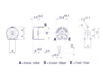 Piher trimmer 100k (small - hor - for spindle)