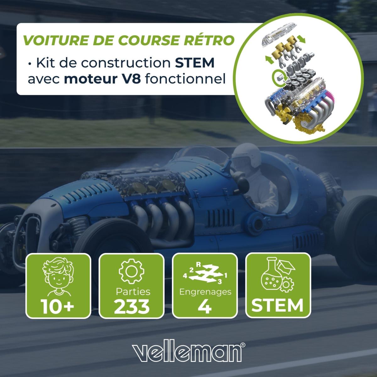 Voiture de course rétro bleue à assembler, 233 pièces, dès 10 ans