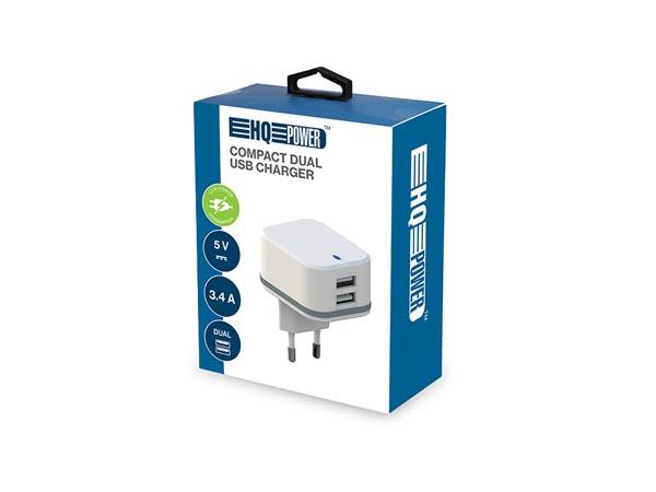 Alimentation - chargeur compact avec 2 connexions usb 5 v - 3.4 a (2.4 + 1 a) - blanc