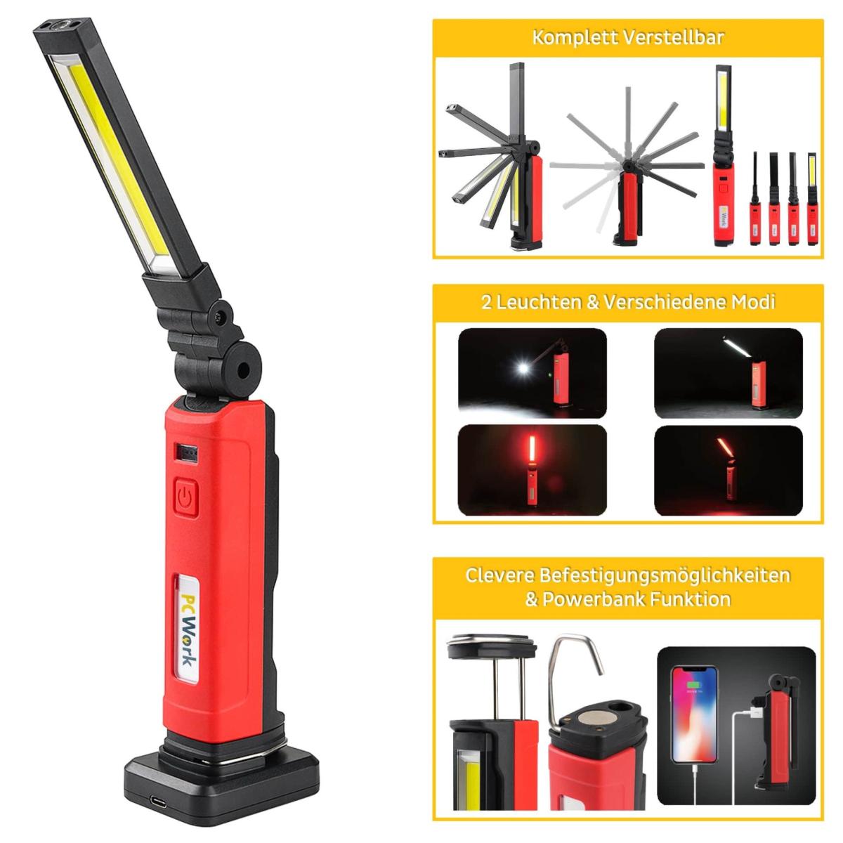 Lampe de travail led 600 lm avec batterie rechargeable et fonction powerbank