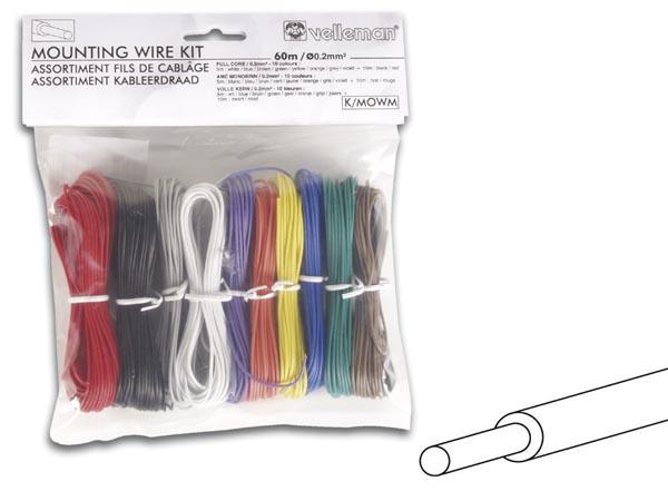 Assortiment fils de cablage 0.2mm2 d=1.4mm - 10 couleurs - 60m -ame monobrin