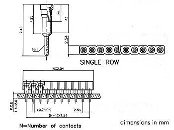 Barrette femelle pour ci, simple rangee a 20 contacts dores , pas 2.54mm