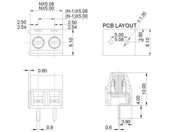 Bornier professionnel, profil bas, 2 poles, vert, au pas de 5mm