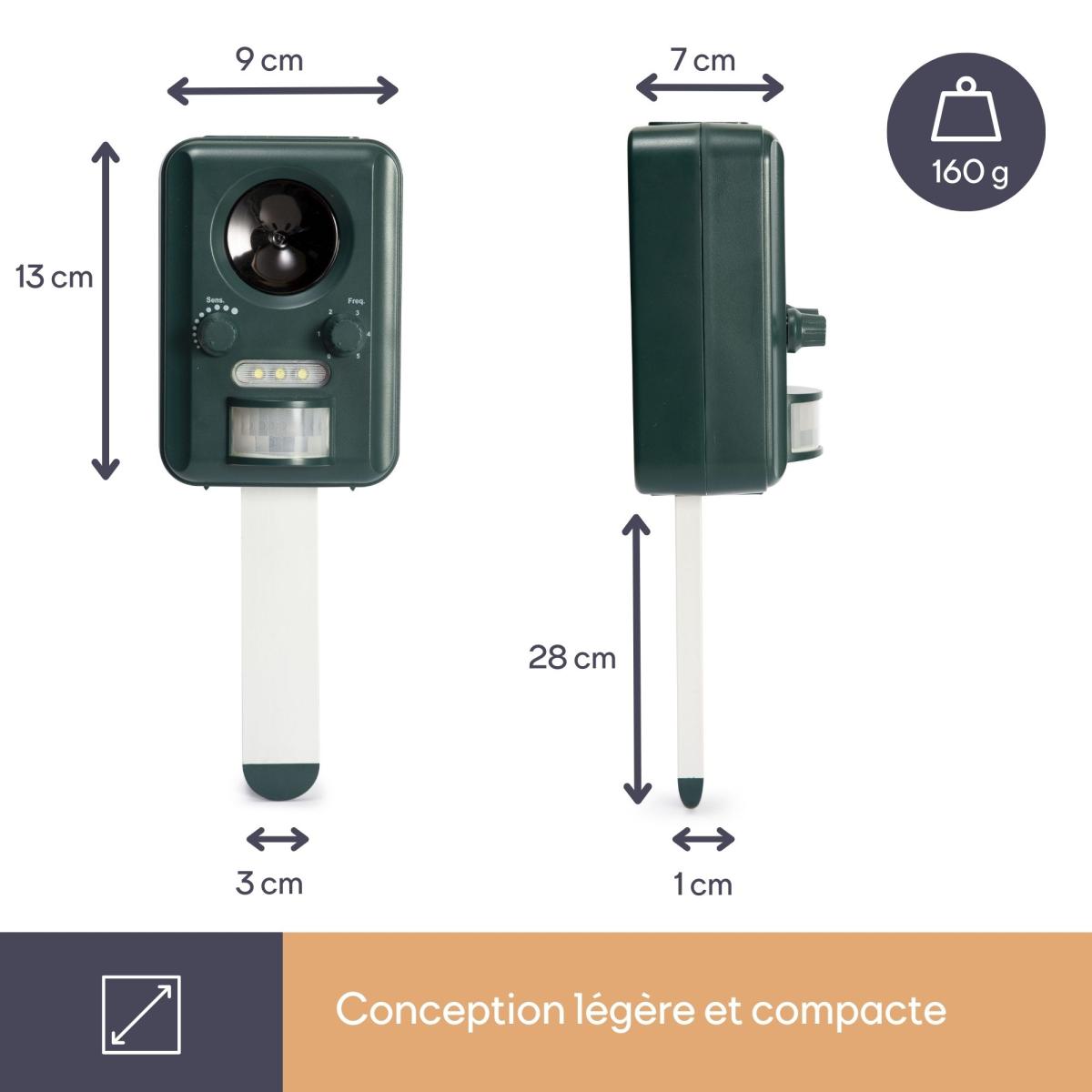 Répulsif ultrasonique solaire pour animaux (chats, chiens, oiseaux, rats, rongeurs) / 65m² / ip44