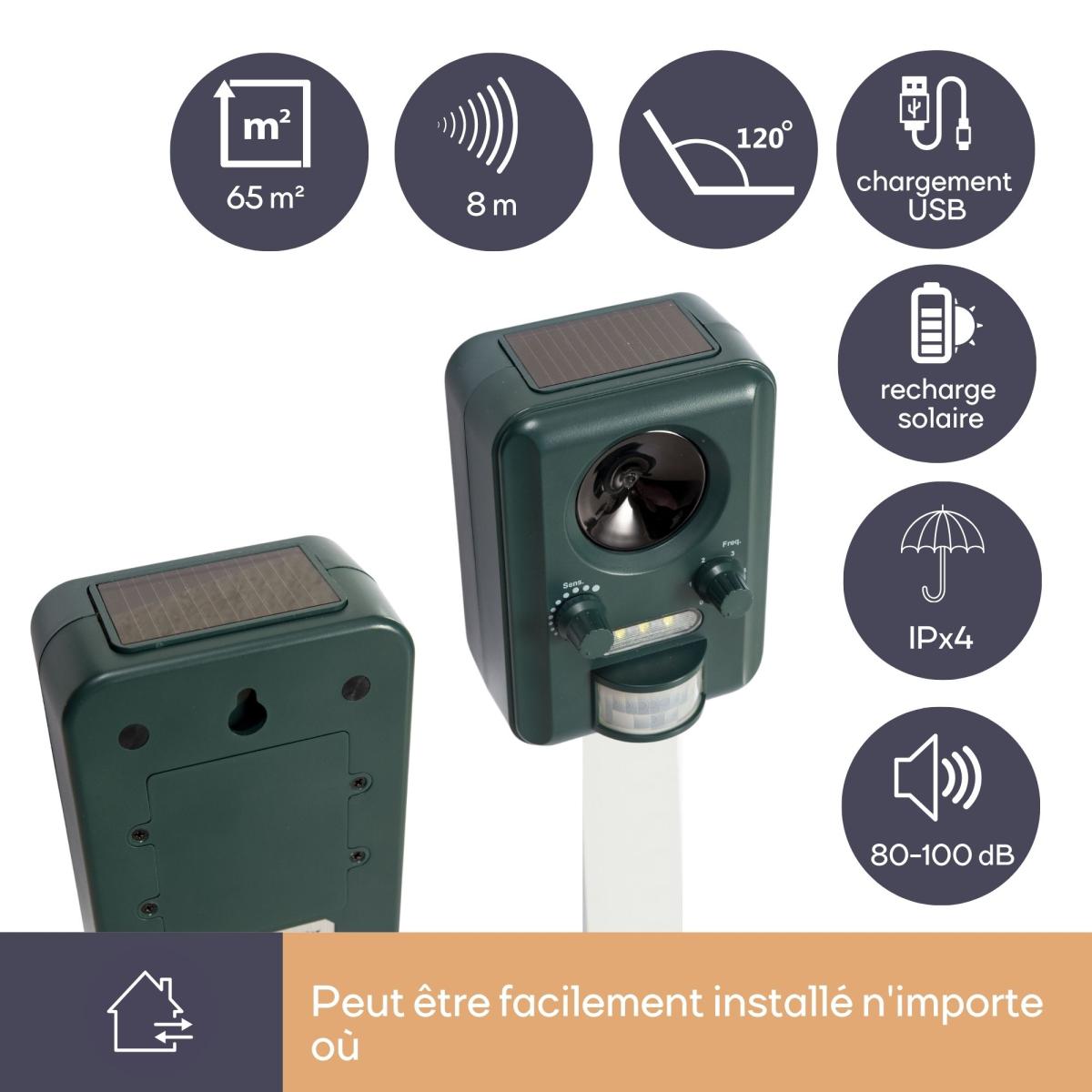 Répulsif ultrasonique solaire pour animaux (chats, chiens, oiseaux, rats, rongeurs) / 65m² / ip44