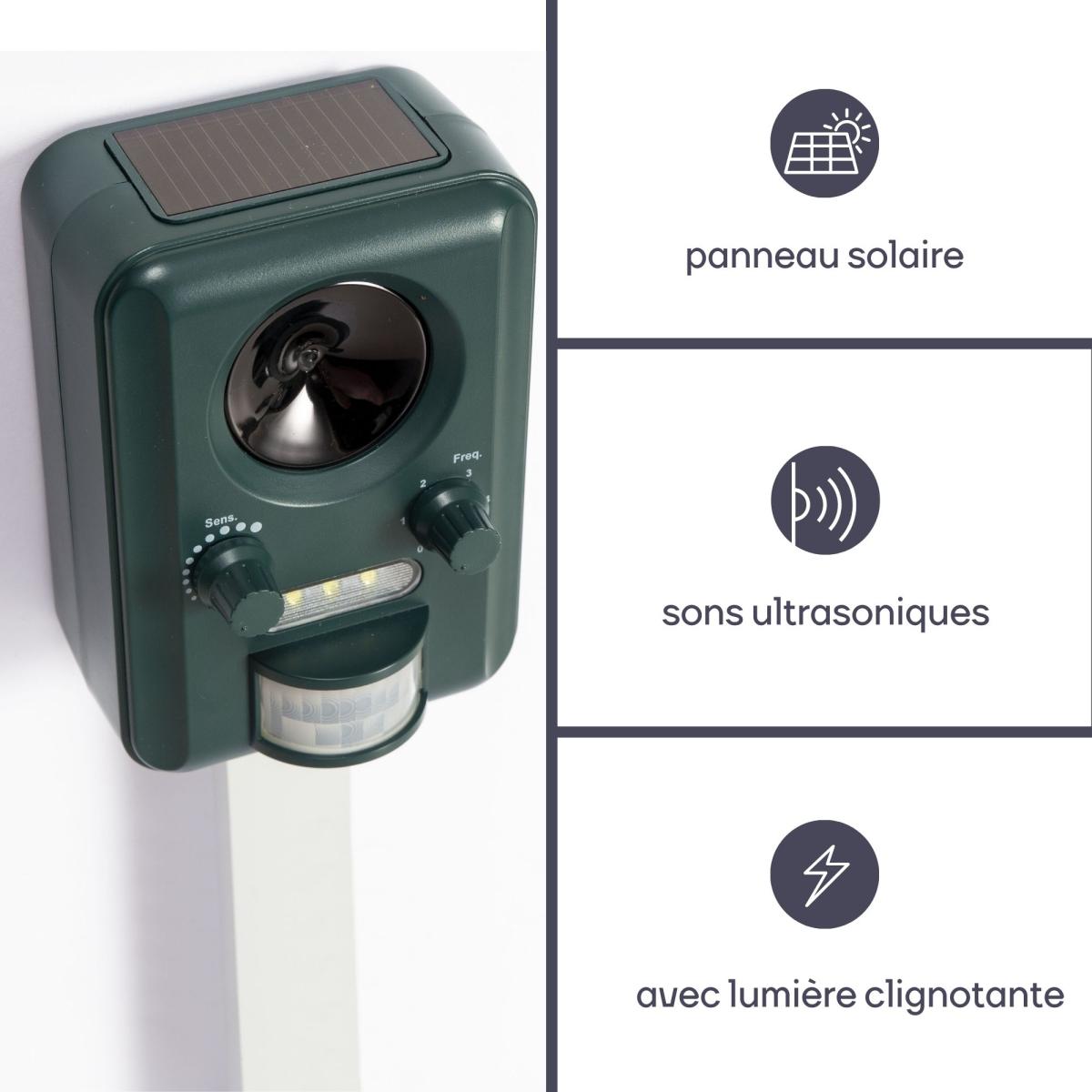 Répulsif ultrasonique solaire pour animaux (chats, chiens, oiseaux, rats, rongeurs) / 65m² / ip44