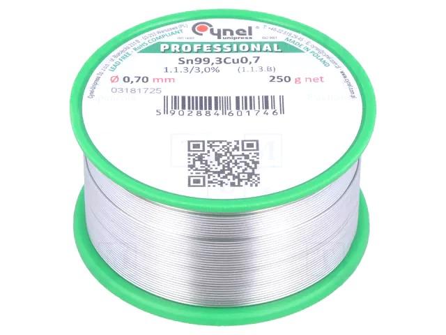étain; sans plomb; sn99,3cu0,7; 0,7mm; 250g; bobine; 227°c; 3%
