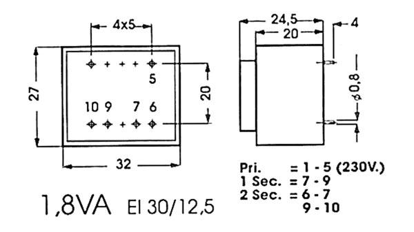 Transfo moule 1.8va 2x12v 75ma 32.5x27.5x23.8mm