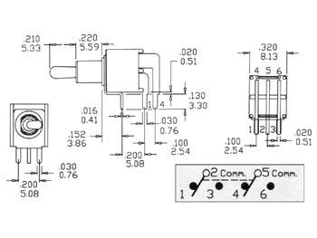 Inverseur 90° subminiature horizontal bipolaire on-on