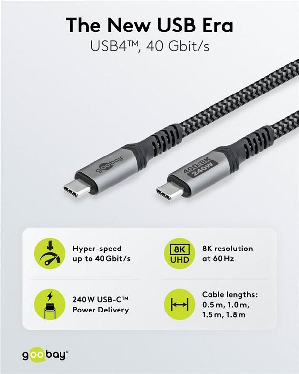 Cable usb-c 4.0 haute puissance (240w) haute résolution (8k@60hz) haut débit (40gbit/s) l=1.8m