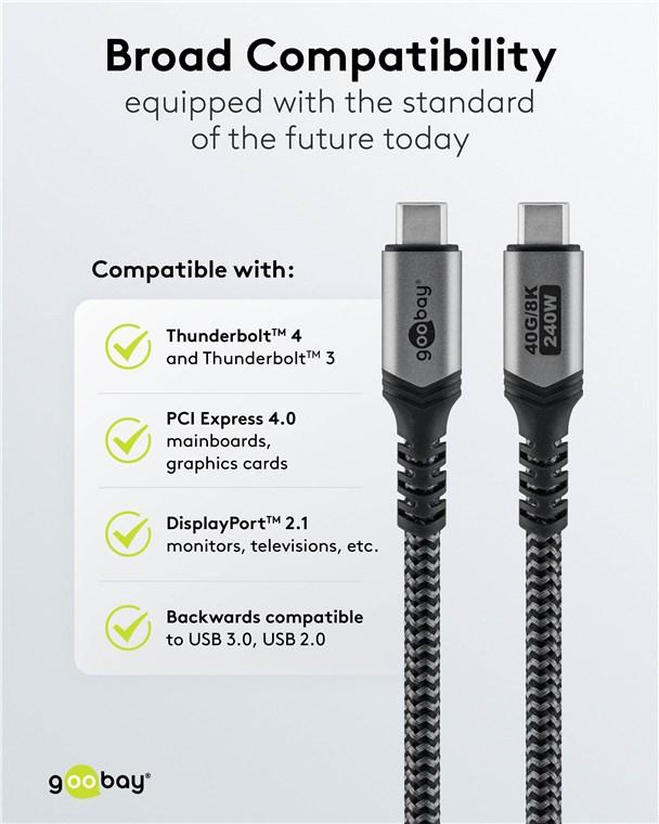 Cable usb-c 4.0 haute puissance (240w) haute résolution (8k@60hz) haut débit (40gbit/s) l=1.8m