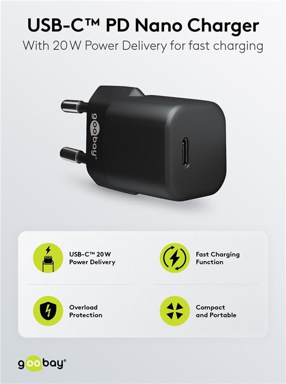 Chargeur rapide usb-c pd (power delivery) nano (20w) noir