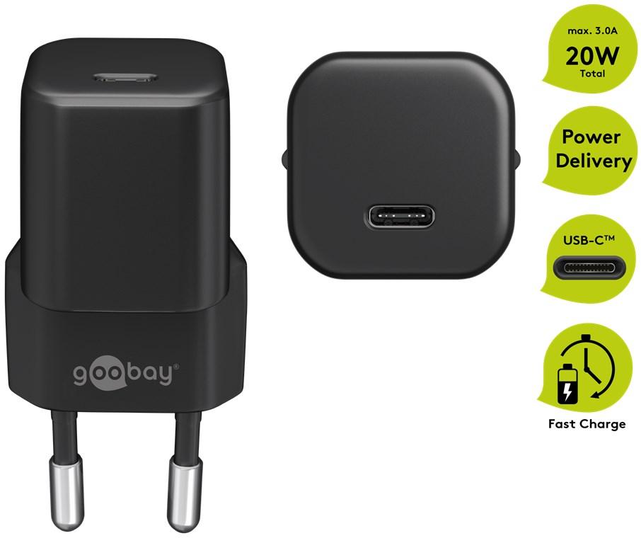 Chargeur rapide usb-c pd (power delivery) nano (20w) noir