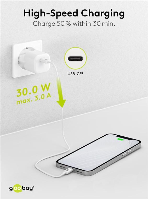 Chargeur rapide usb-c pd gan (power delivery) nano (30 w) blanc ( idéal iphone 15)