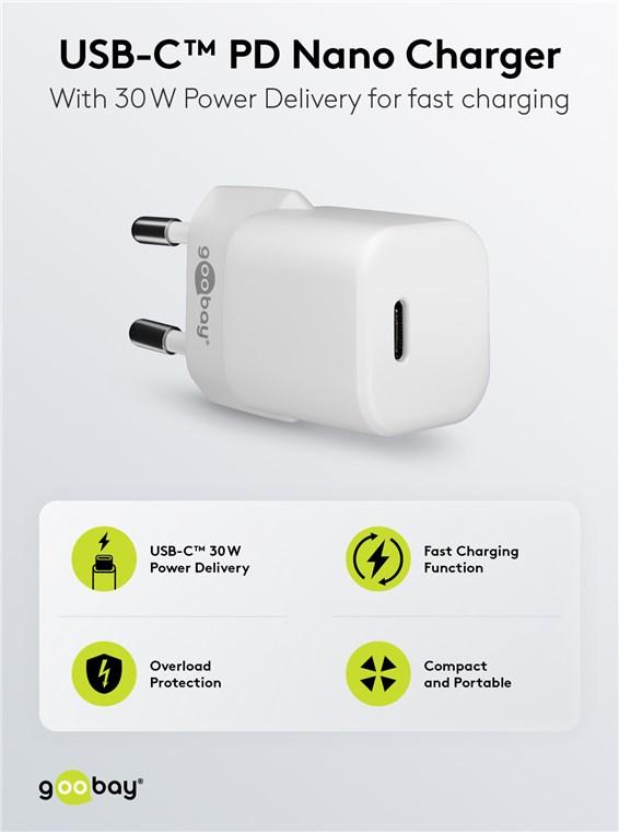 Chargeur rapide usb-c pd gan (power delivery) nano (30 w) blanc ( idéal iphone 15)