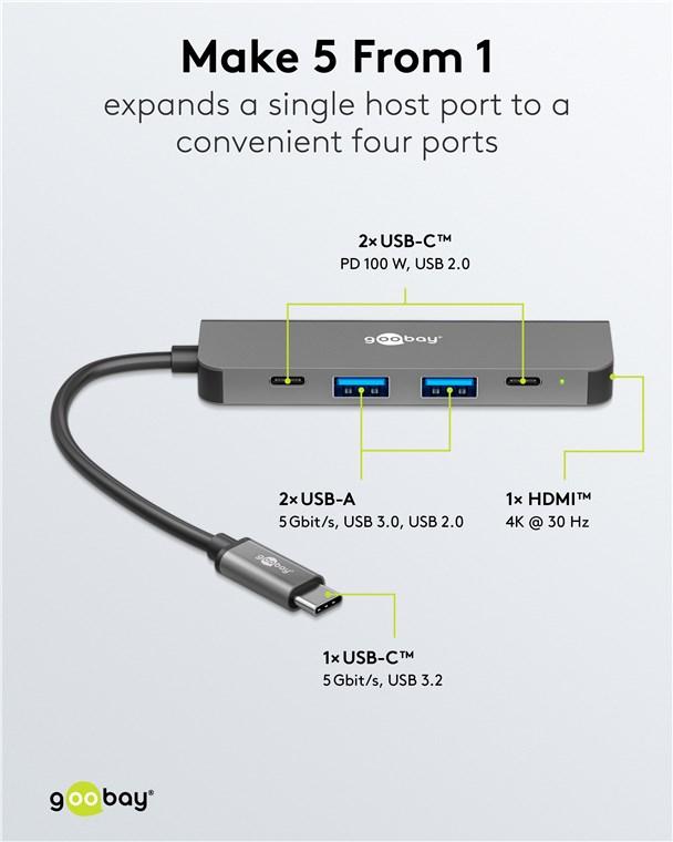 Station usb-c avec hdmi 2.0 / usb-c femelle x2 / usb-a femelle x2 / alimentation + données