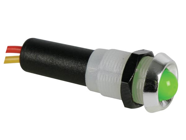 E44-Voyant led vert 12v - boitier chrome à 5,00 € (Voyants ronds 10mm)