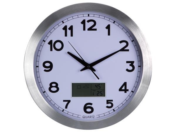 Horloge murale avec écran lcd - thermomètre, hygromètre et prévisions météo - aluminium - Ø 35 cm