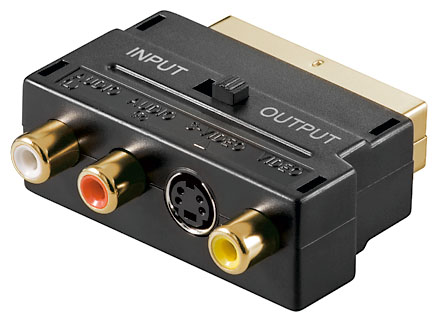 Adaptateur hf-television peritel male / 3 x rca femelle + s-vhs femelle + commutateur in/out contacts dores