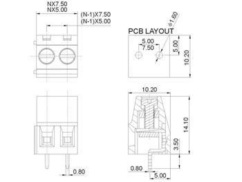 Bornier professionnel, 2 poles, vert, au pas de 7.5mm