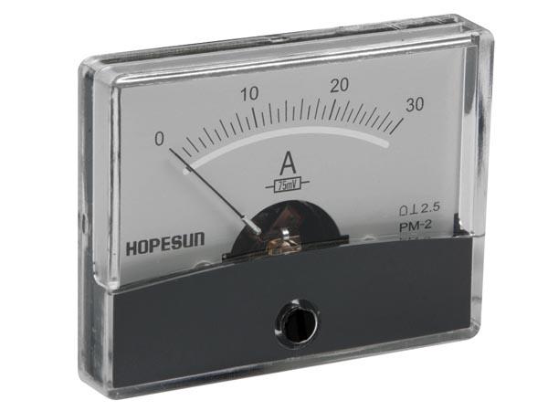 Ampèremètre analogique de tableau 30a cc / 60 x 47mm avec shunt classe 2,5