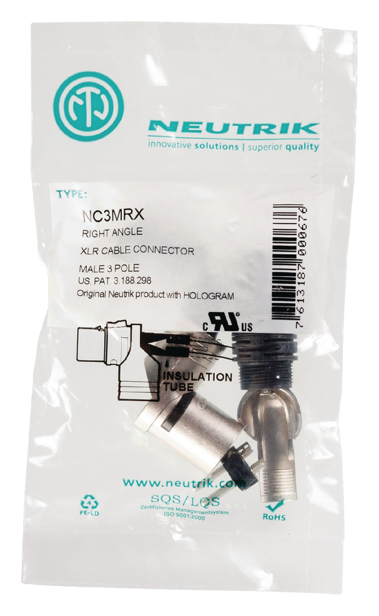 Neutrik - connecteur xlr, 3 points male, coude, nickele, contacts argentes