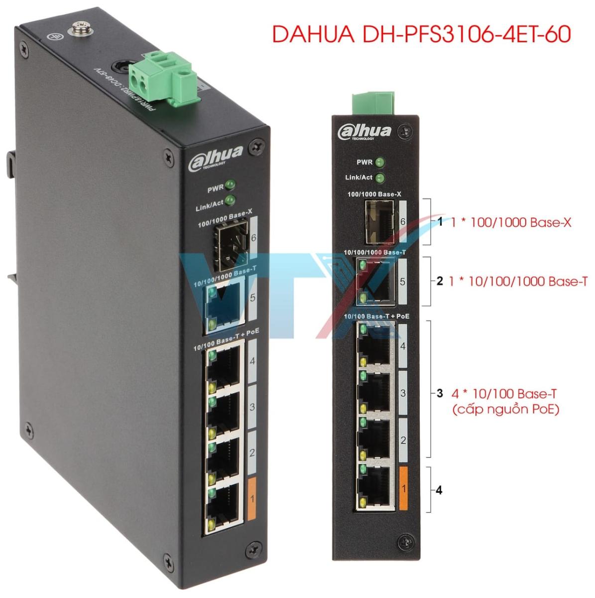 Switch poe 4-ports dahua technology 10/100/1000 base-t