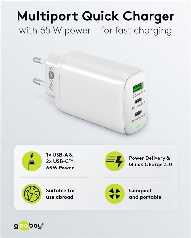 Chargeur ultra rapide usb-c pd(power delivery) x2(65w+27w) + usb-a qc3(18w)